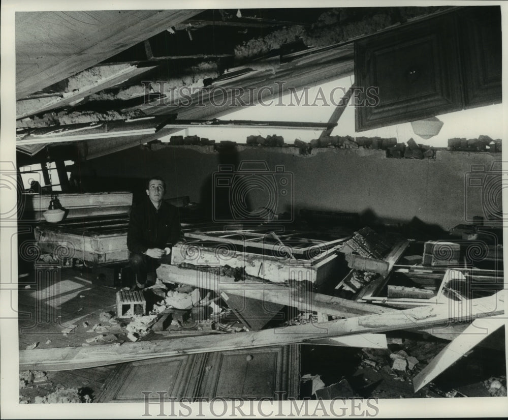 1956 Press Photo Man looks at home destroyed by tornado, Berlin Wisconsin- Historic Images