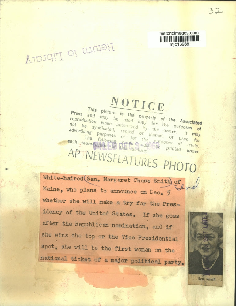 1967 Press Photo Senator Margaret Chase Smith of Maine - mjc13988