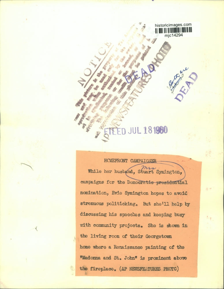 1960 Press Photo Mrs. Stuart Symington, wife of presidential nominee, at home