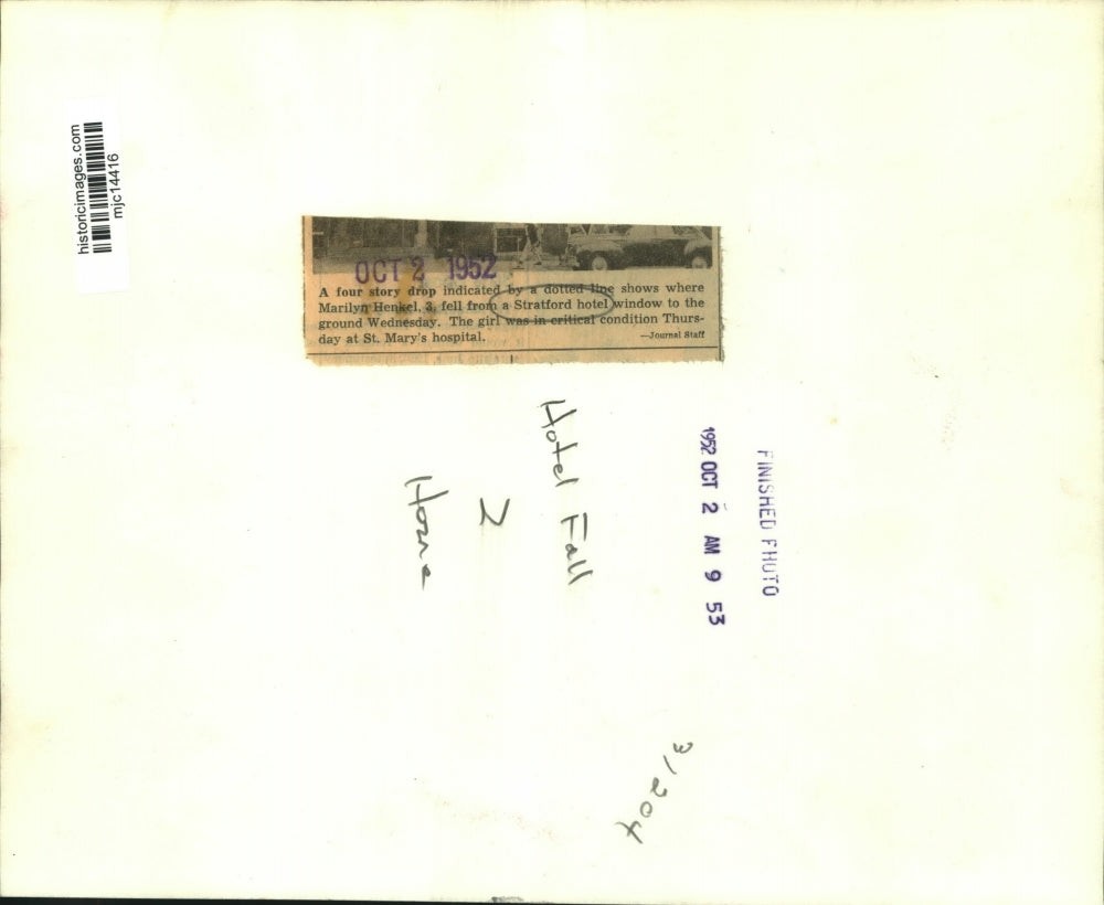 1952 Press Photo Hotel Stratford, Where Marilyn Henkel Fell From Window