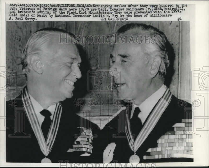 Load image into Gallery viewer, 1966 Press Photo Douglas Fairbanks Jr., Earl Mountbatten with medals, England.

