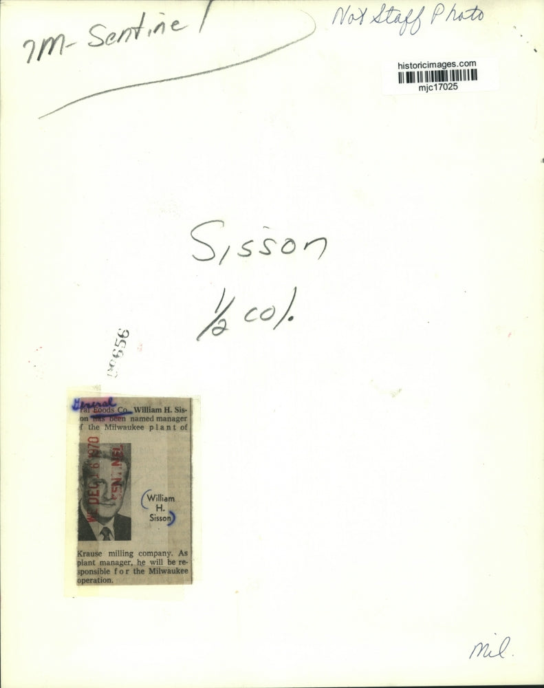 1970 Press Photo William H. Sisson, manager of Milwaukee plant of Krause company