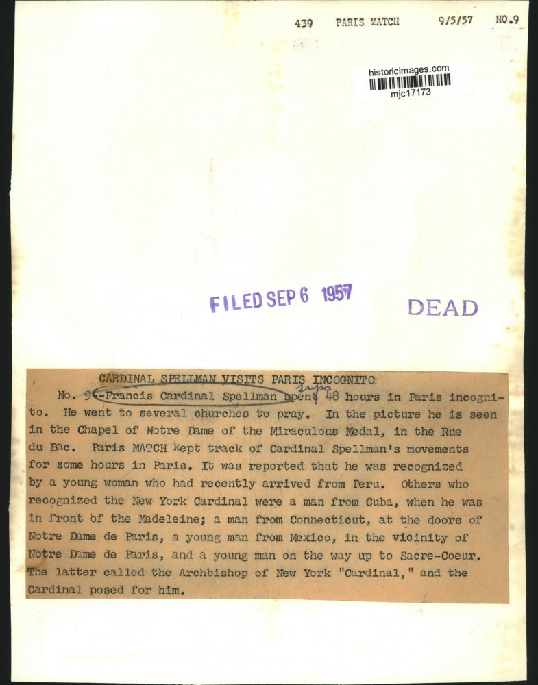 1957 Press Photo Francis Cardinal Spellman spent 48 hours in Paris incognito