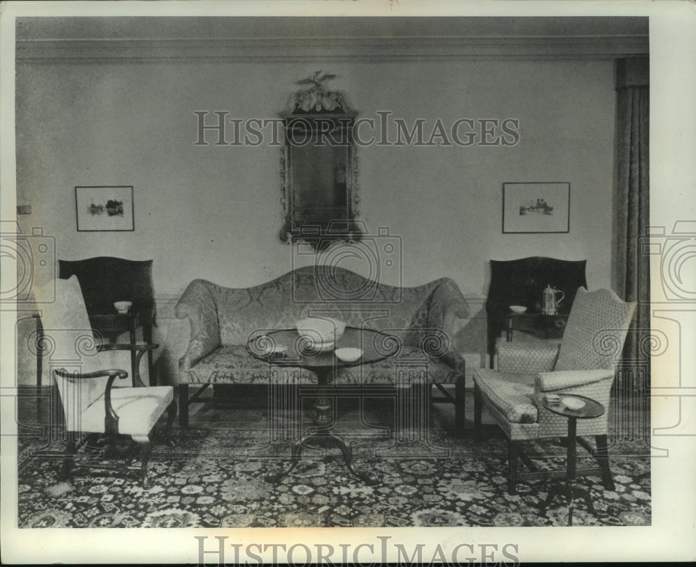 1956 Press Photo Antique furniture graces the living room of the Stone home.- Historic Images