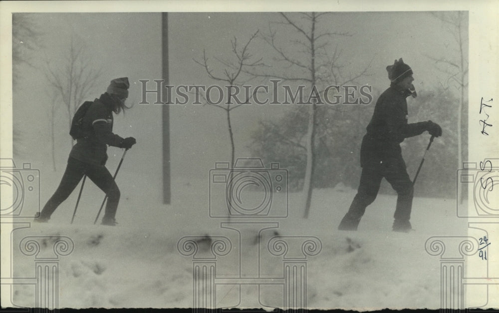 1974 Press Photo Cross Country skiers in Juneau Park, Milwaukee, Wisconsin- Historic Images
