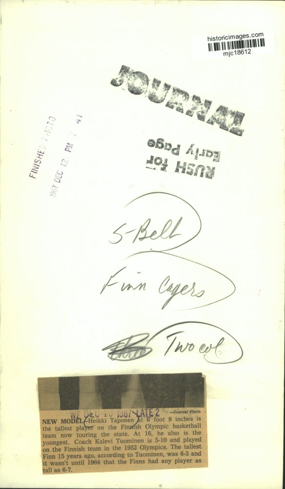 1967 Press Photo Heikki Taponen tallest Finnish Olympic basketball player