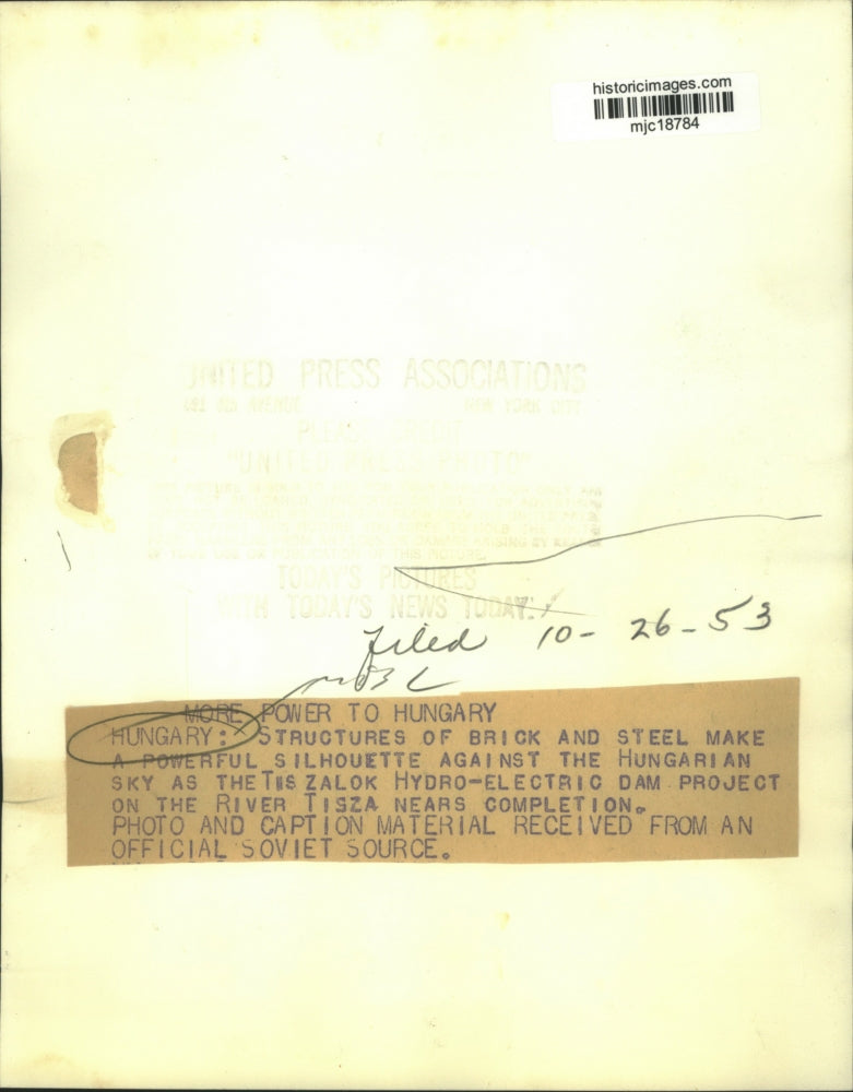 1953 Press Photo Tiszalok Hydro-Electric Dam Project on the river Tisza, Hungary