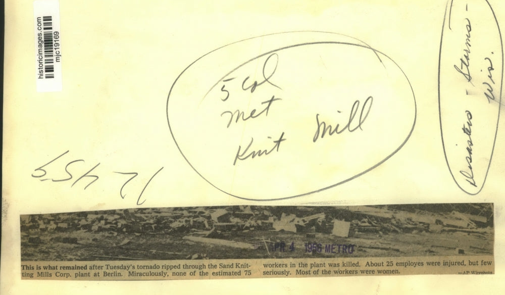 1956 Press Photo Tornado damaged Sand Knitting Mills Corp. plant, Wisconsin