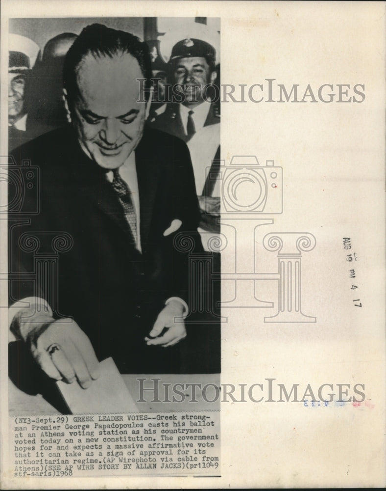 1968 Press Photo Greek Premier George Papadopoulos casts his ballot in Athens- Historic Images