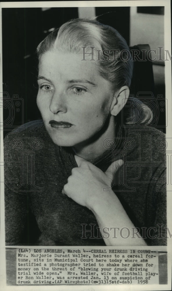 1958 Press Photo Cereal heiress Marjorie Durant Waller testifies in court, L.A.- Historic Images