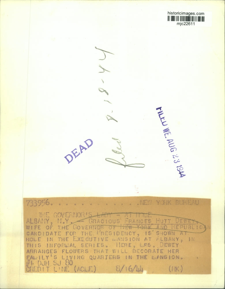 1944 Press Photo Frances Hutt Dewey, wife of New York's Gov. Thomas E. Dewey