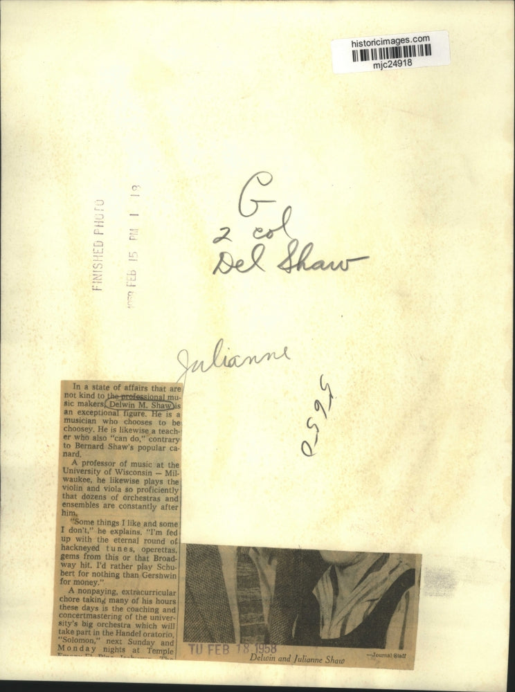 1958 Press Photo Professor and musician Delwin Shaw, and wife Julianne Shaw