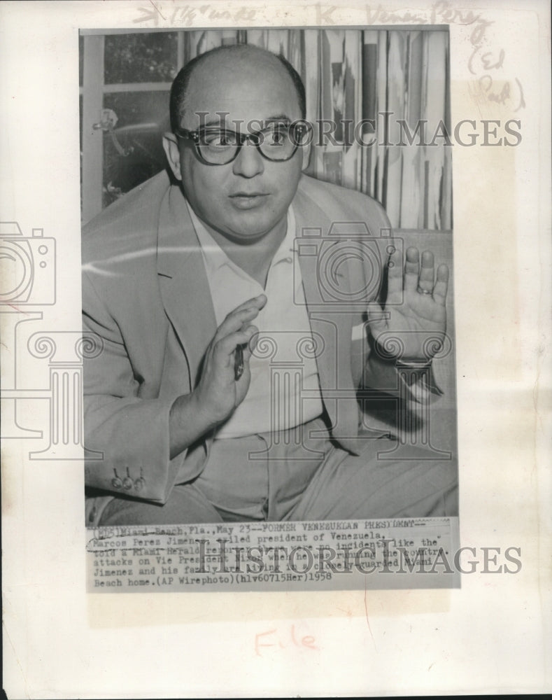 1958 Press Photo Former Venezuelan President Perez Jimenez in Miami - mjc25007