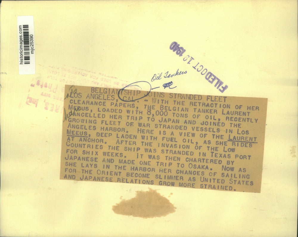 1940 Press Photo Belgian tanker "Laurent Meeus" in the Los Angeles, CA harbor