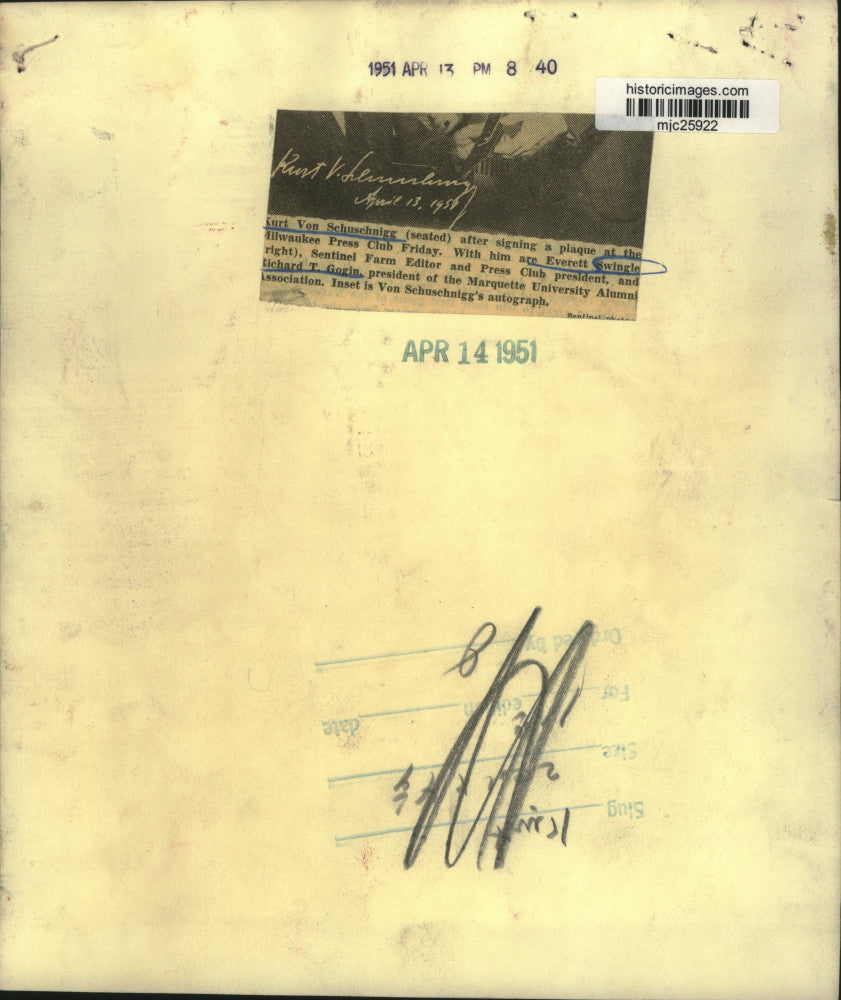 1951 Press Photo Kurt Von Schuschnigg, Everett Swingle & Richard T. Gogin