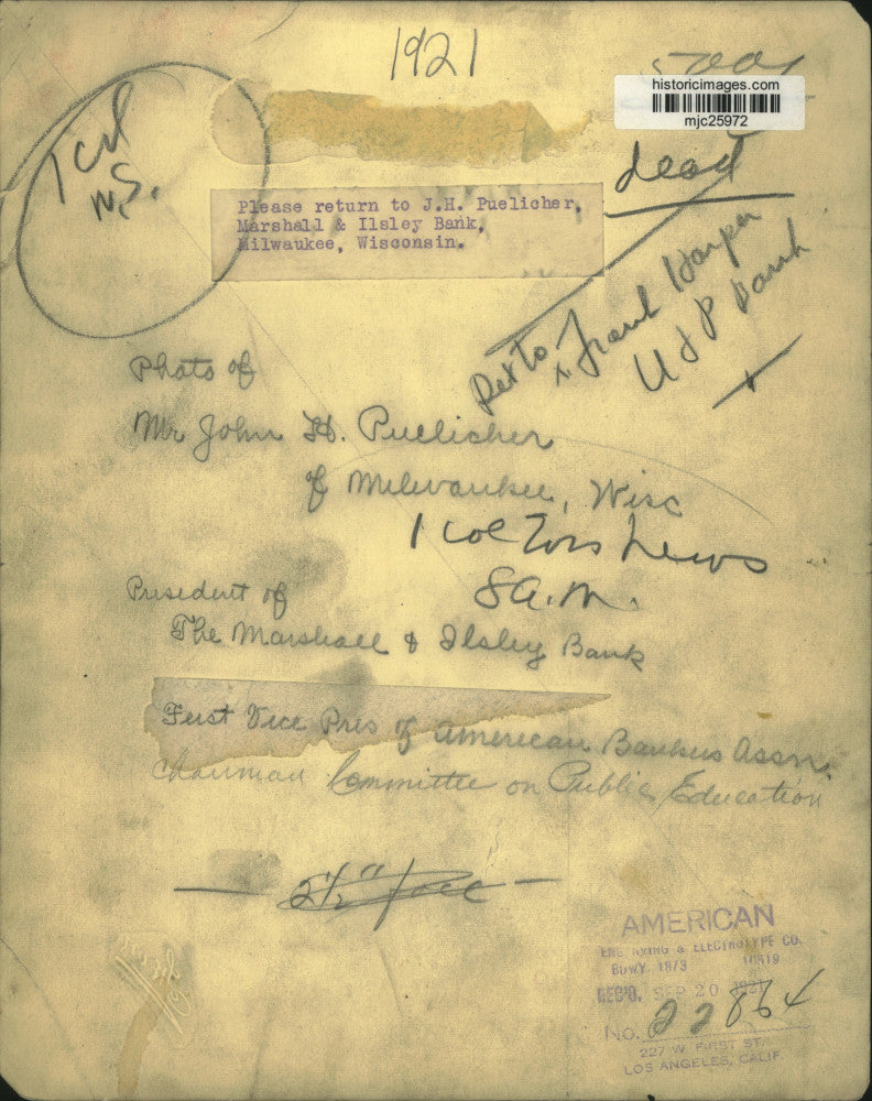 1921 Press Photo Mr. John H. Puelicher, President of Marshall & Ilsley Bank