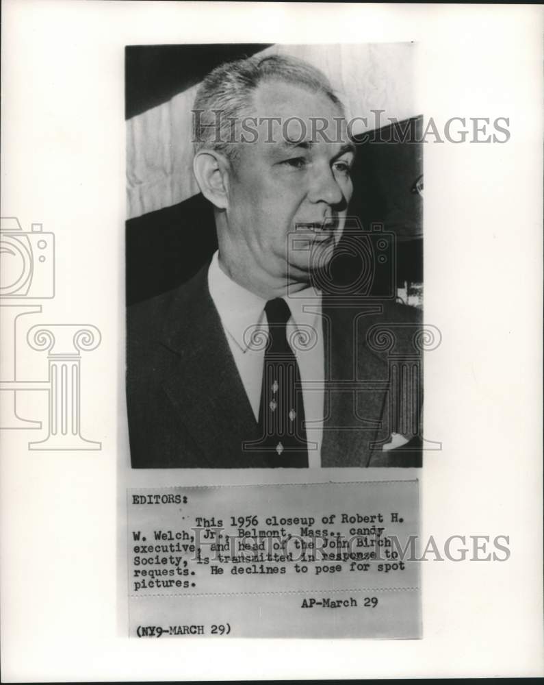 1956 Press Photo Robert H.W. Welch, Jr. head of the John Birch Society- Historic Images