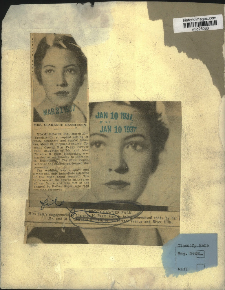 1937 Press Photo Miss Falk&#39;s engagement to Clarence H. Rasmussen, Milwaukee, Wis