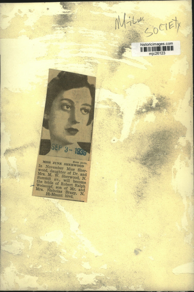 1939 Press Photo Miss June Sherwood, Milwaukee society will wed Robert Weiscopf.