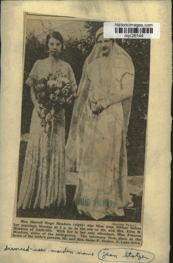 1932 Press Photo Jean Stotzer on her wedding day & Frances Meadows, Wisconsin