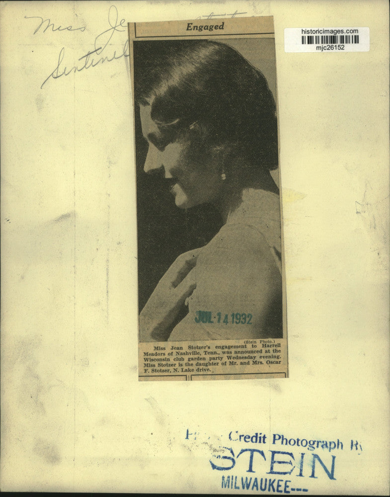 1932 Press Photo Society Girl Miss Jean Stotzer at Wisconsin Club, now engaged