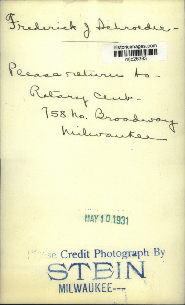 1931 Press Photo Frederick J. Schroeder Milwaukee - mjc26383