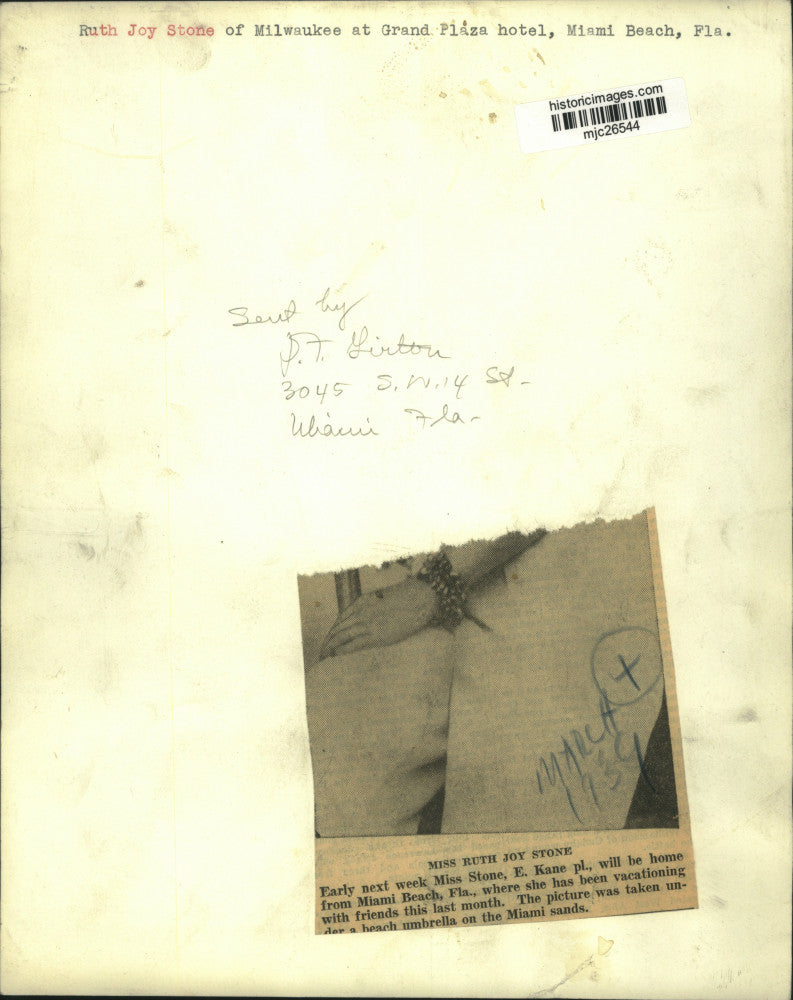 1939 Press Photo Miss Ruth Joy Stone in Miami Beach, Florida - mjc26544