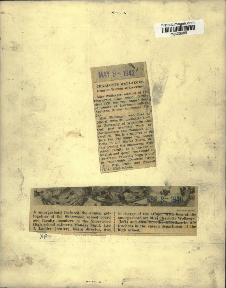 1942 Press Photo Charlotte Wollaeger Dean of Women at Lawrence College