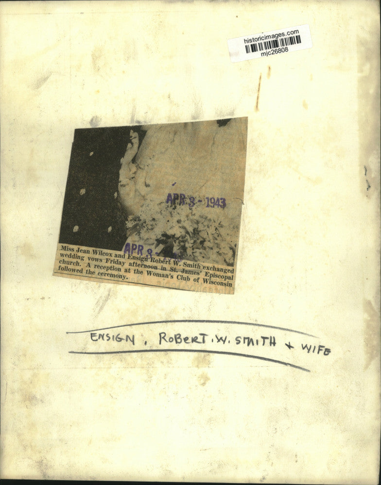1943 Press Photo Jean Wilcox & Robert W. Smith wedding day, Wisconsin