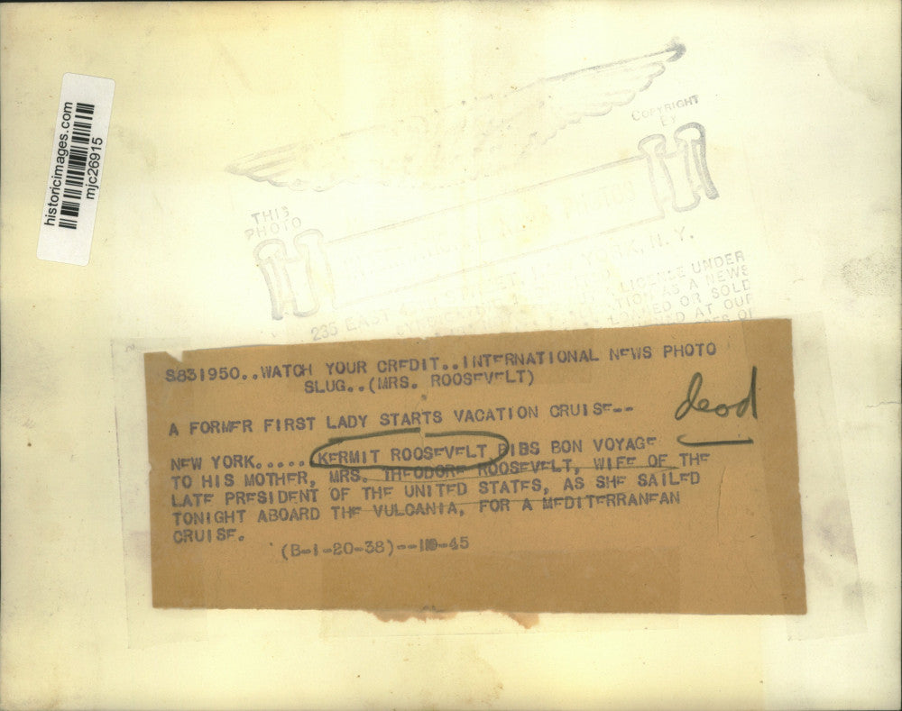 1938 Press Photo Mrs. Theodore Roosevelt and Kermit Roosevelt abord Vulcania