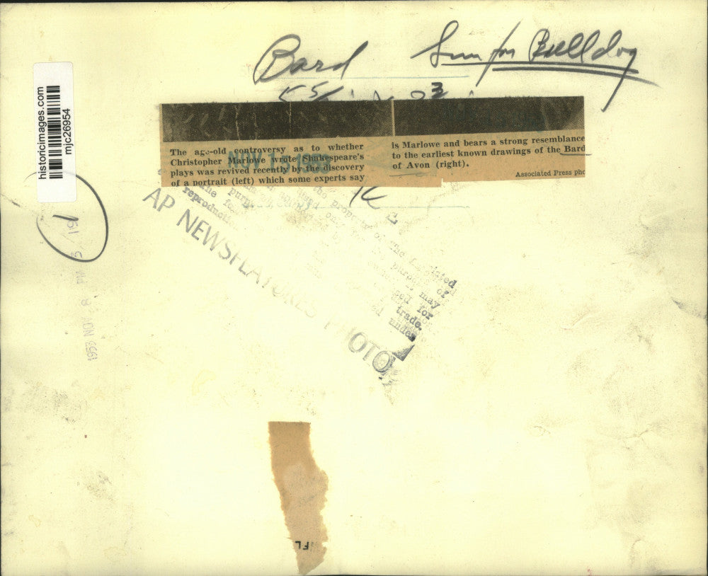 1953 Press Photo Writers, William Shakespeare and Christopher Marlowe pictured.