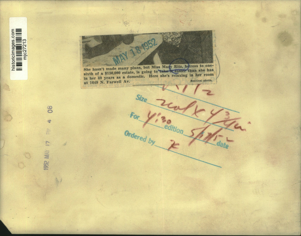 1952 Press Photo Mary Ritz heiress to one-sixth of estate - mjc27213