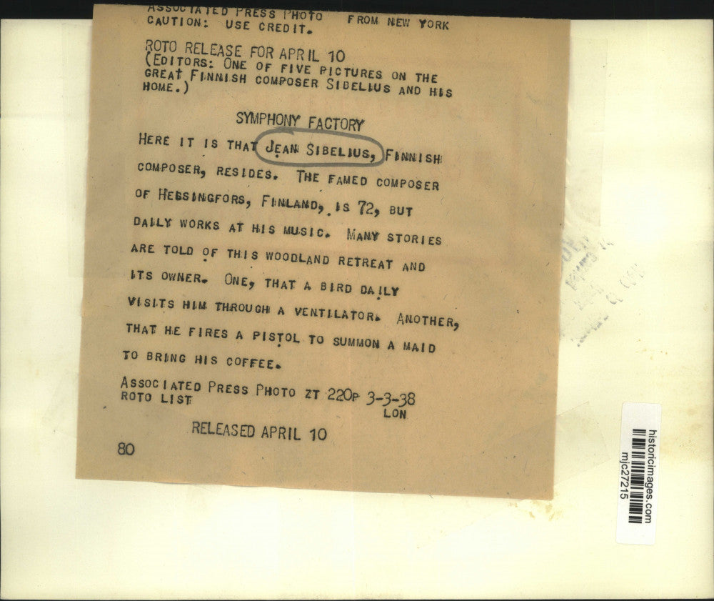 1938 Press Photo Finnish Composer Jean Sibelius' Home Helsingfors, Finland