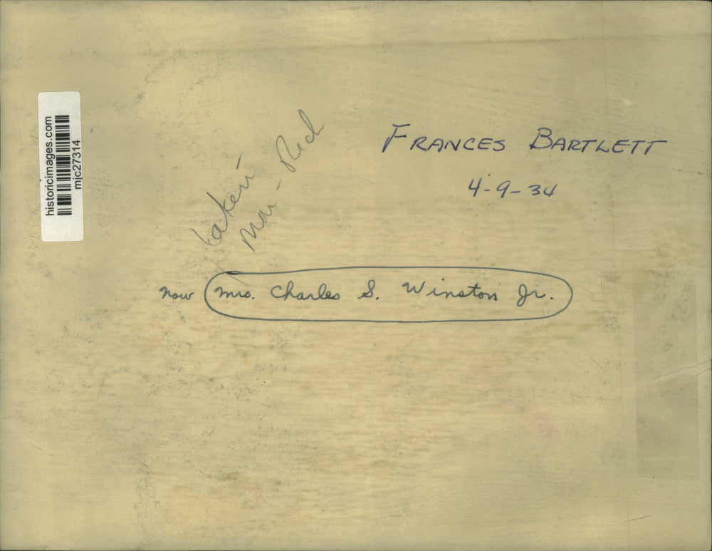 1934 Press Photo Frances Bartlett seated near fireplace - mjc27314