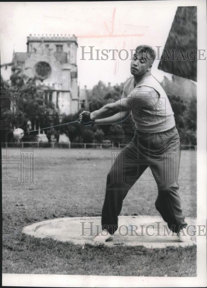 1956 Press Photo Russian hammer thrower Mikhail Krivenossov warming up- Historic Images