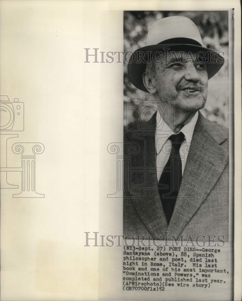 1952 Press Photo George Santayana, Spanish Philosopher and Poet - mjc27568- Historic Images