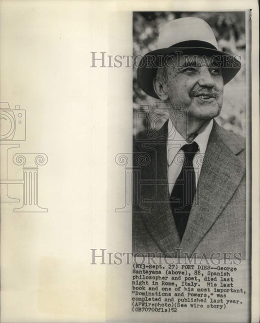 1952 Press Photo George Santayana, Spanish Philosopher and Poet - mjc27568- Historic Images