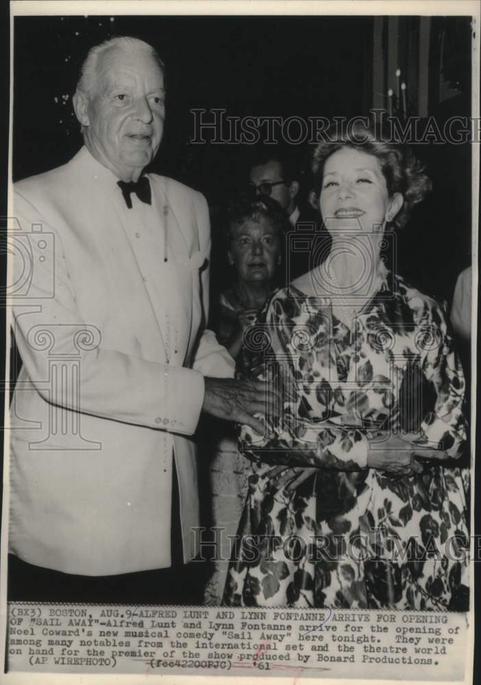 1961 Press Photo Alfred Lunt and Lynn Fontanne, Opening of &quot;Sail Away&quot;- Historic Images