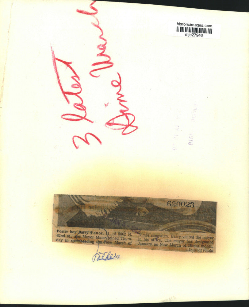 1962 Press Photo Barry Yenor, March of Dimes poster boy visits Mayor, Wisconsin