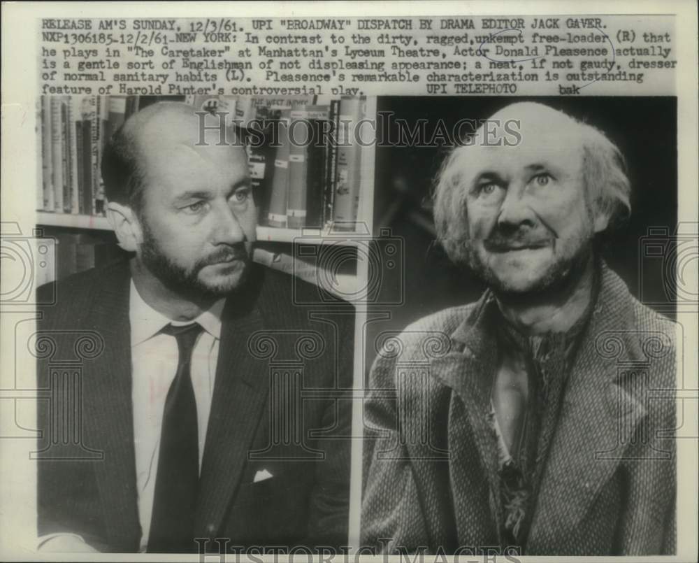 1961 Press Photo Actor Donald Pleasence in and out of character, New York- Historic Images