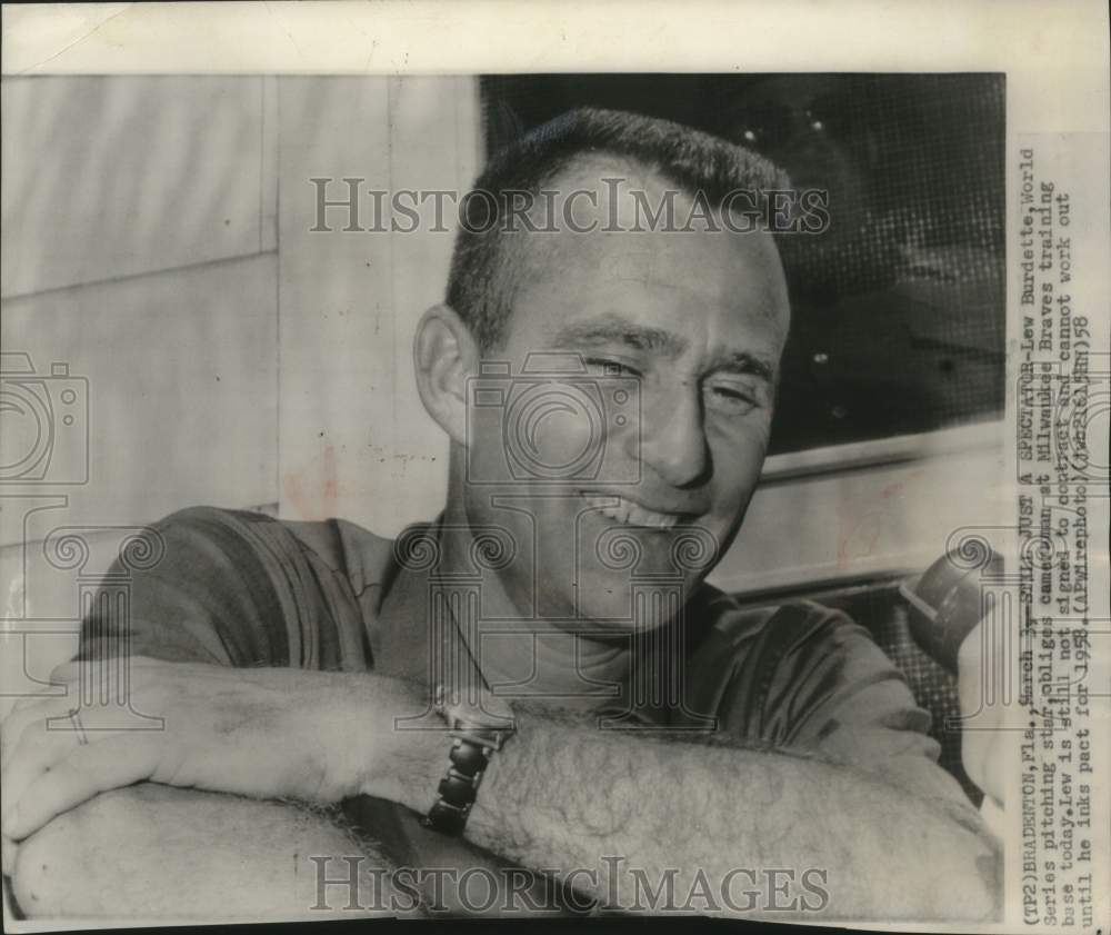 1958 Press Photo Lew Burdette of the Milwaukee Braves, Bradenton, FLorida
