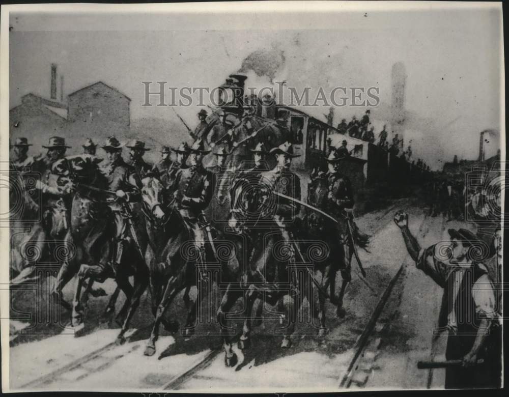 1958 Press Photo Drawing of troops protecting railroad during Pullman Strike- Historic Images