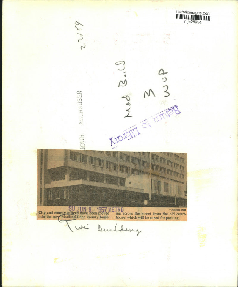 Load image into Gallery viewer, 1957 Press Photo Madison Dane County building Madison, Wisconsin - mjc28954
