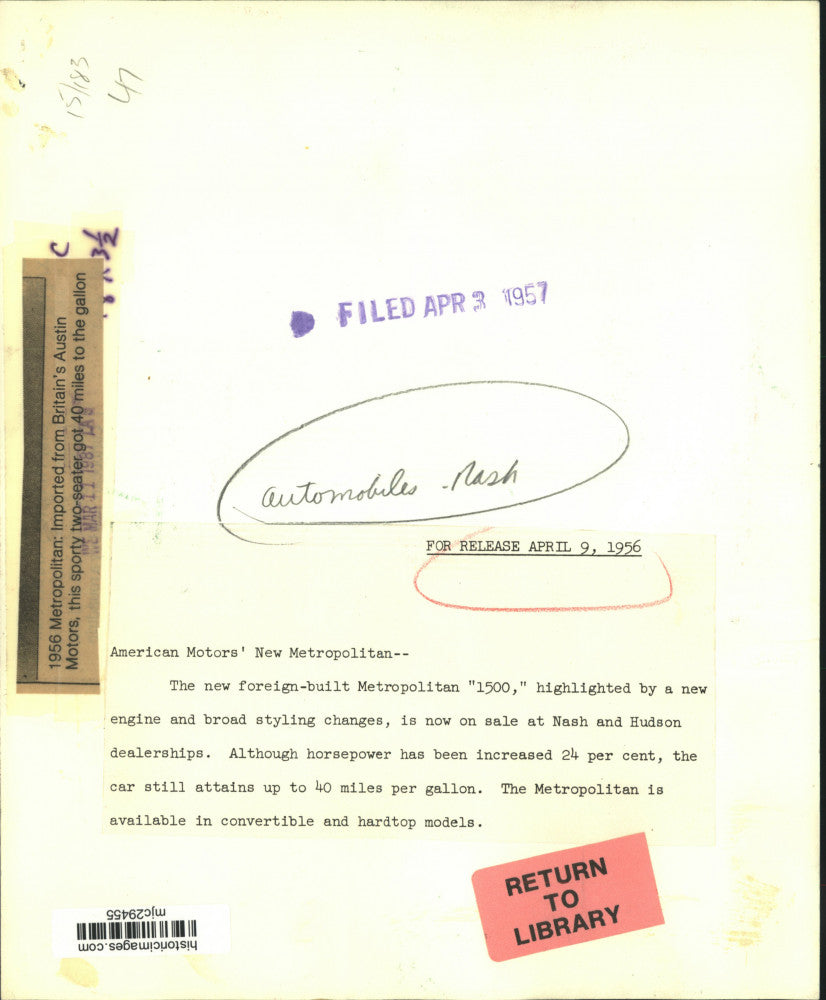 1956 Press Photo American Motors' New Metropolitan. - mjc29455