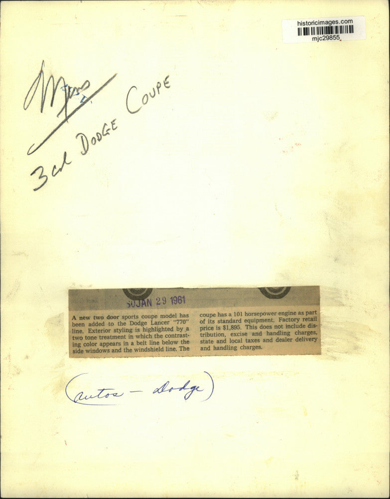 1961 Press Photo Dodge Lancer Sports-coupe - mjc29855