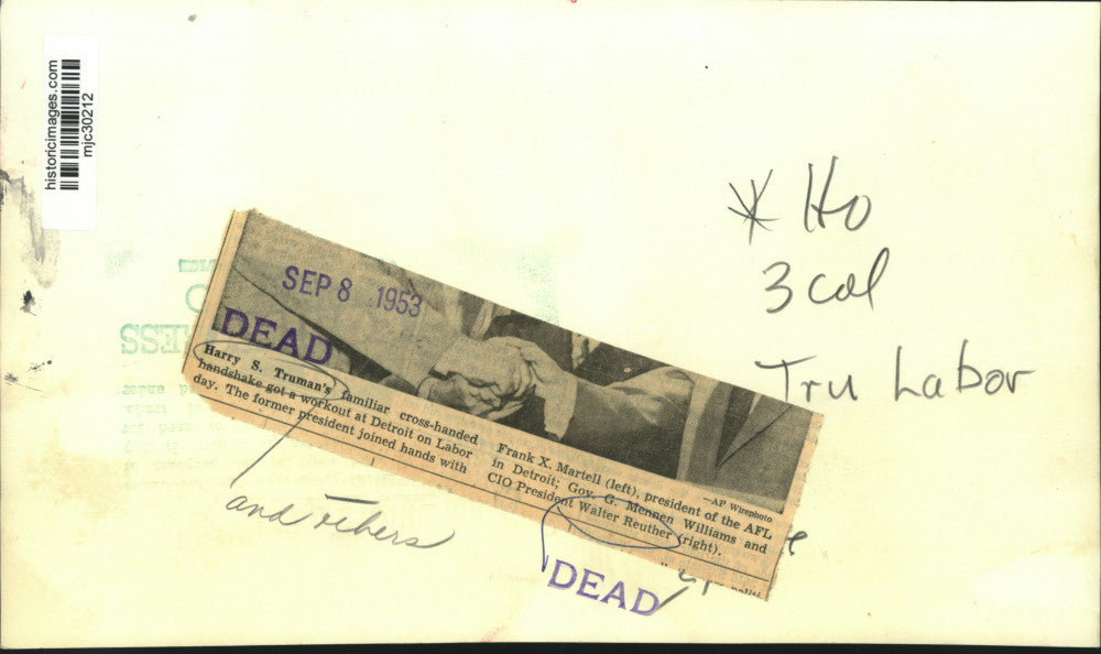 1953 Press Photo Former President Harry S. Truman & others handshaking, Detroit