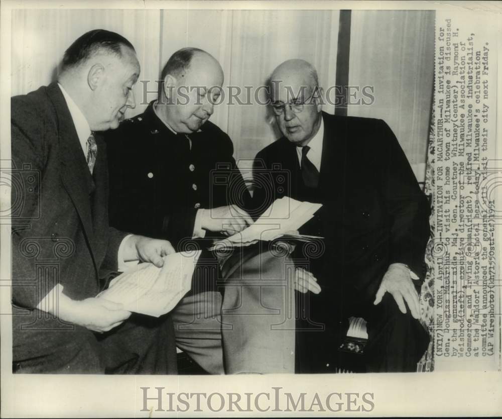 1951 Press Photo Irving Seaman, Weisbrod and Whitney meet at Waldorf Astoria