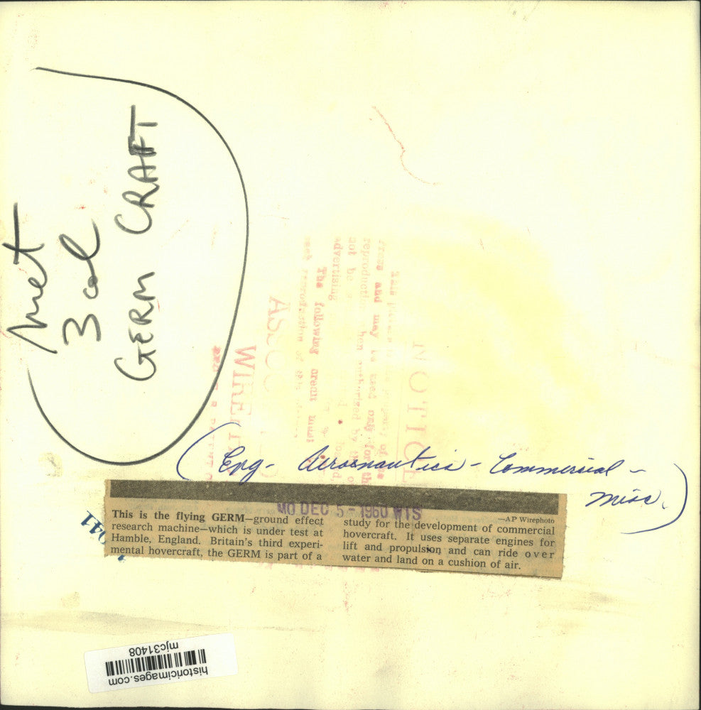 1960 Press Photo Hamble, England's experimental hovercraft, the GERM - mjc31408