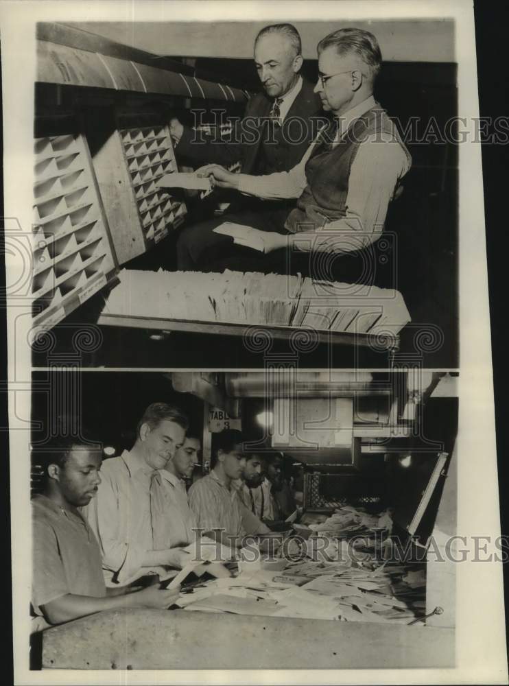 1953 Press Photo John Sestak and others using mail sorting gadgets, Washington- Historic Images