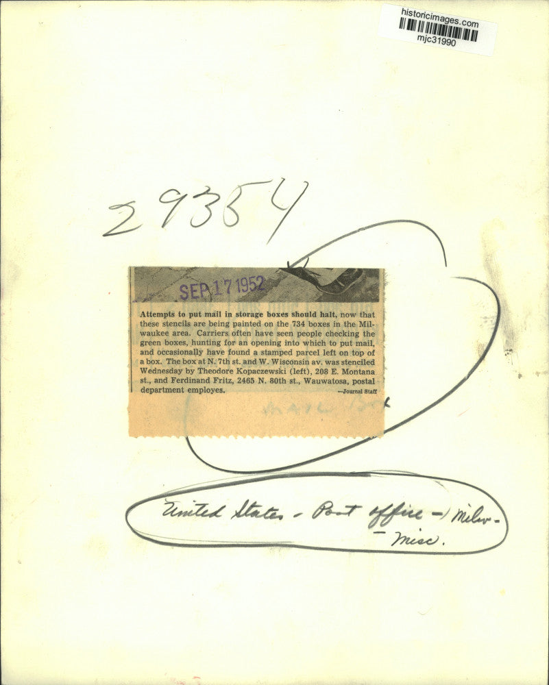 1952 Press Photo 734 Storage boxes are stenciled by postal employees.